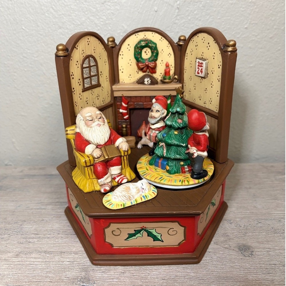 Vintage Sankyo Japan Christmas Musical Figurine Santa & Elves Ceramic Decor